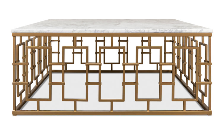 White Marble and Wood Square Coffee Table with Metal Base