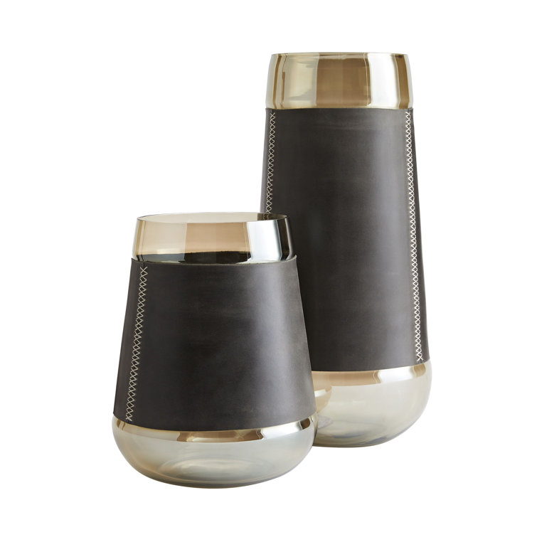 Duncan Graphite Leather & Smoke Glass Hurricane Candle Holder 10"x8"