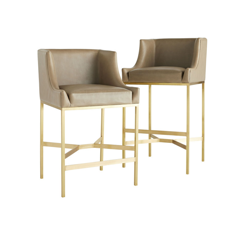 Gray Leather Counter Stool with Brass Base