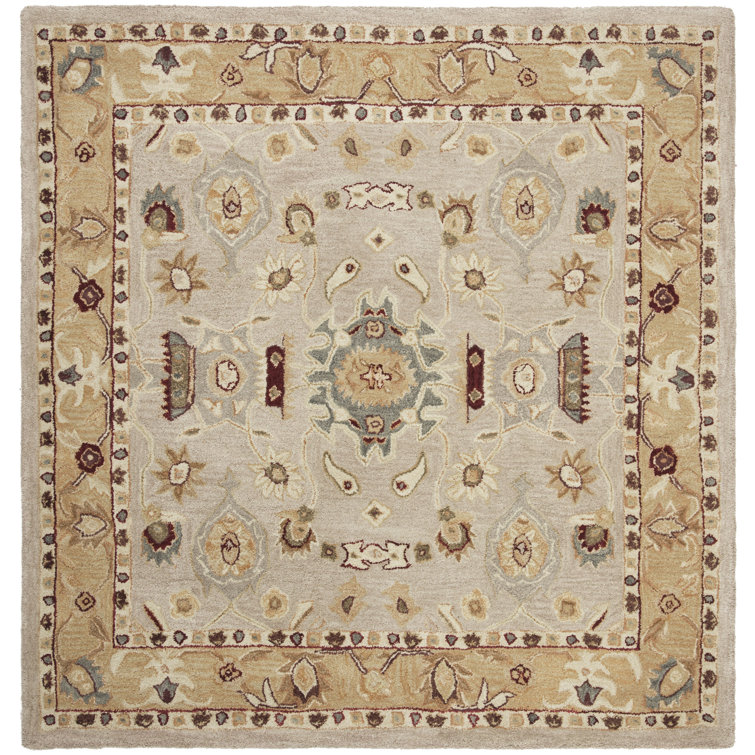 Elegant Ivory and Gold Hand-Tufted Wool Square Rug
