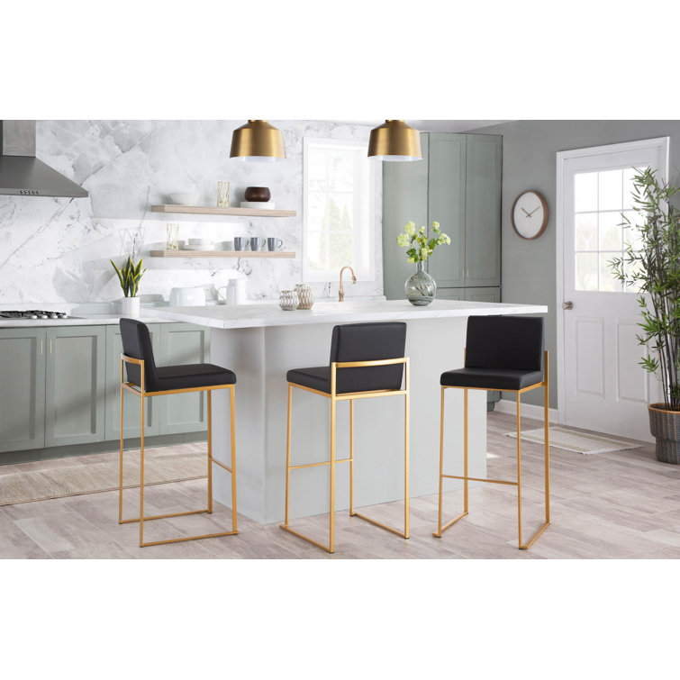 Fuji High Back Gold Steel and Black Faux Leather Bar Stools