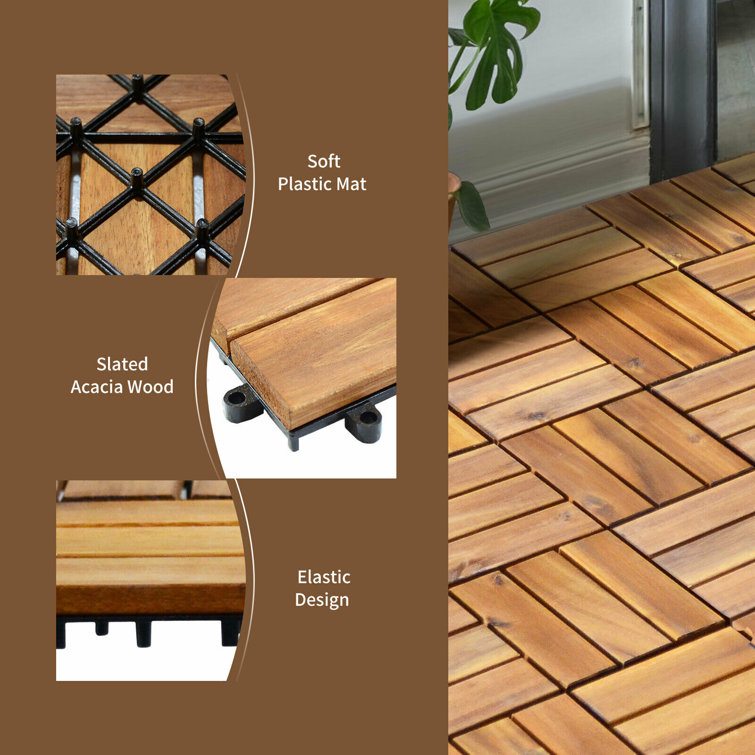 Natural Acacia Wood Interlocking Deck Tiles, 27 Pieces