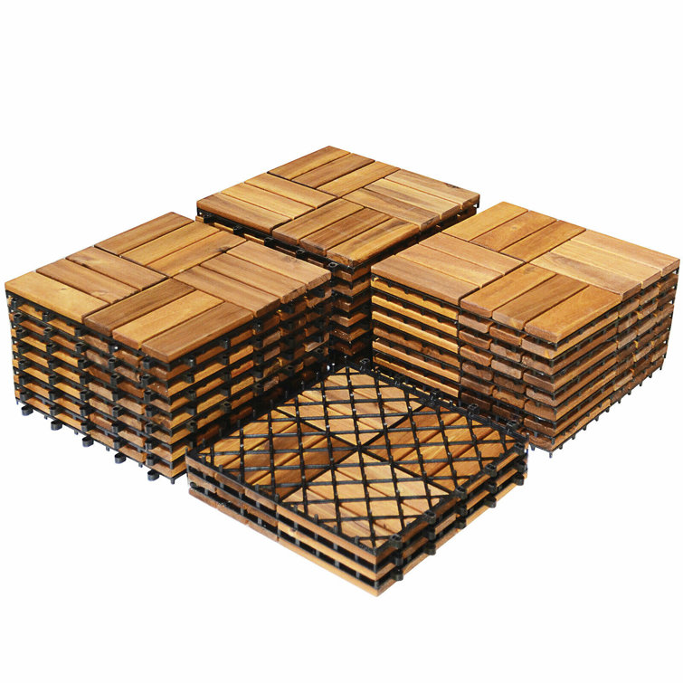 Natural Acacia Wood Interlocking Deck Tiles, 27 Pieces