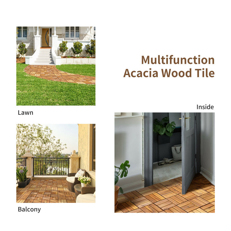 Natural Acacia Wood Interlocking Deck Tiles, 27 Pieces