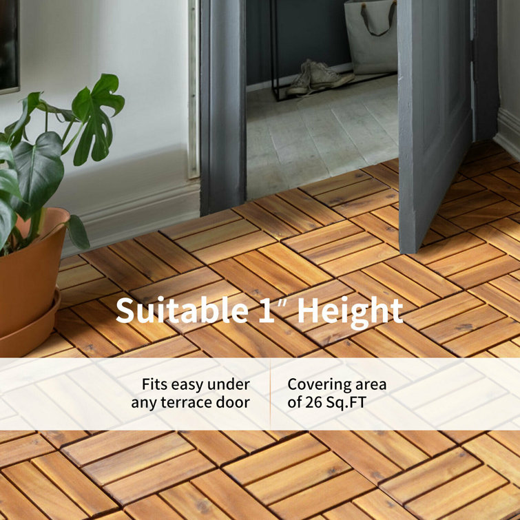Natural Acacia Wood Interlocking Deck Tiles, 27 Pieces