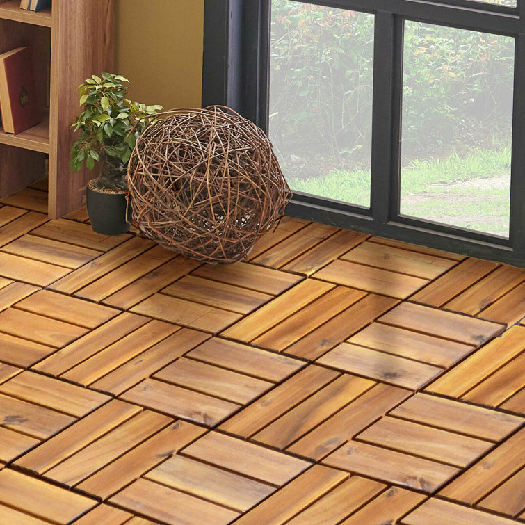 Natural Acacia Wood Interlocking Deck Tiles, 27 Pieces