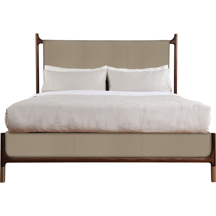 King Walnut and Beige Upholstered Wood Bed with Headboard