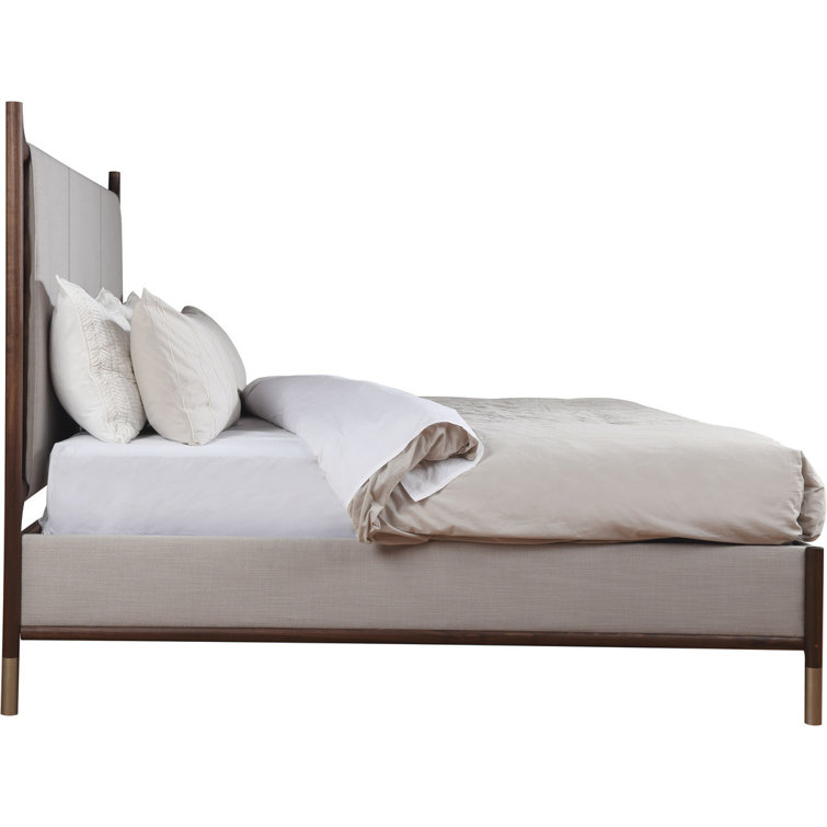 King Walnut and Beige Upholstered Wood Bed with Headboard