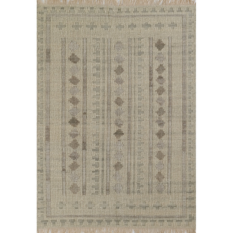 Handwoven Ivory Wool Rectangular Rug with Geometric Pattern, 5' x 8'