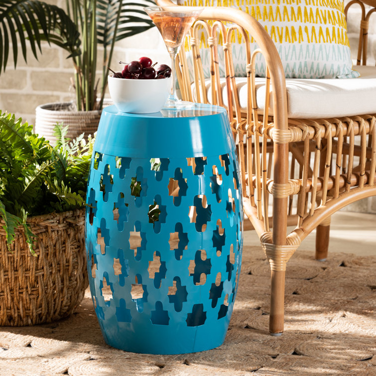 Blue Geometric Cut-Out Metal Barrel Side Table