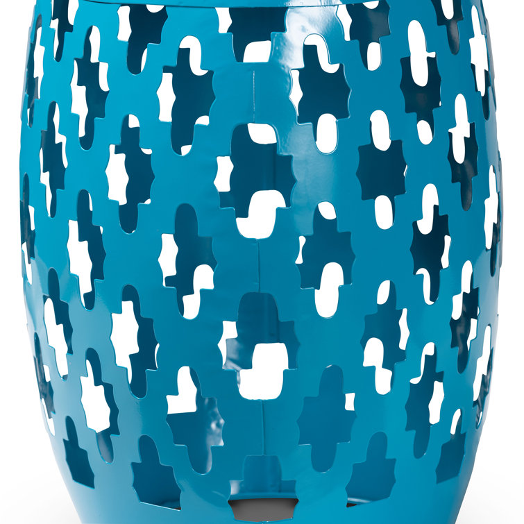 Blue Geometric Cut-Out Metal Barrel Side Table