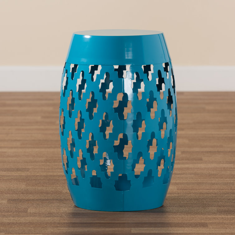 Blue Geometric Cut-Out Metal Barrel Side Table