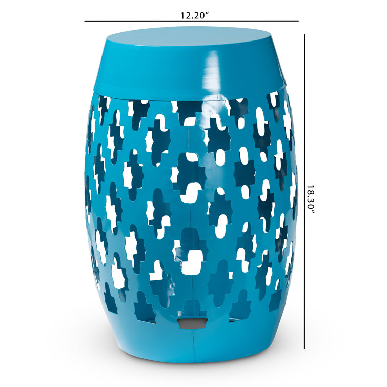 Blue Geometric Cut-Out Metal Barrel Side Table