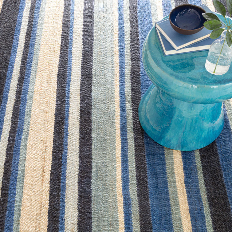 Blue and Beige Handwoven Synthetic Stripe Rug, 2' x 3'