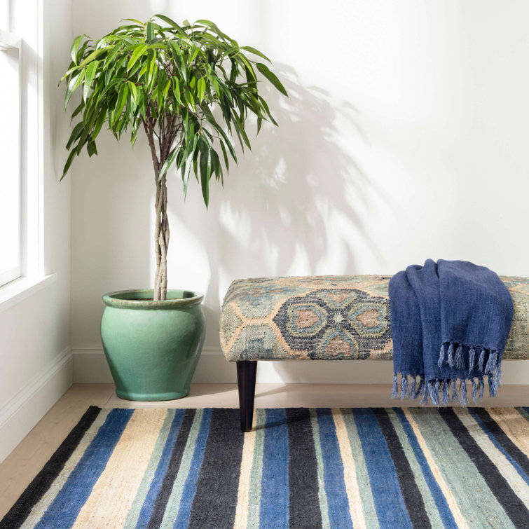 Blue and Beige Handwoven Synthetic Stripe Rug, 2' x 3'