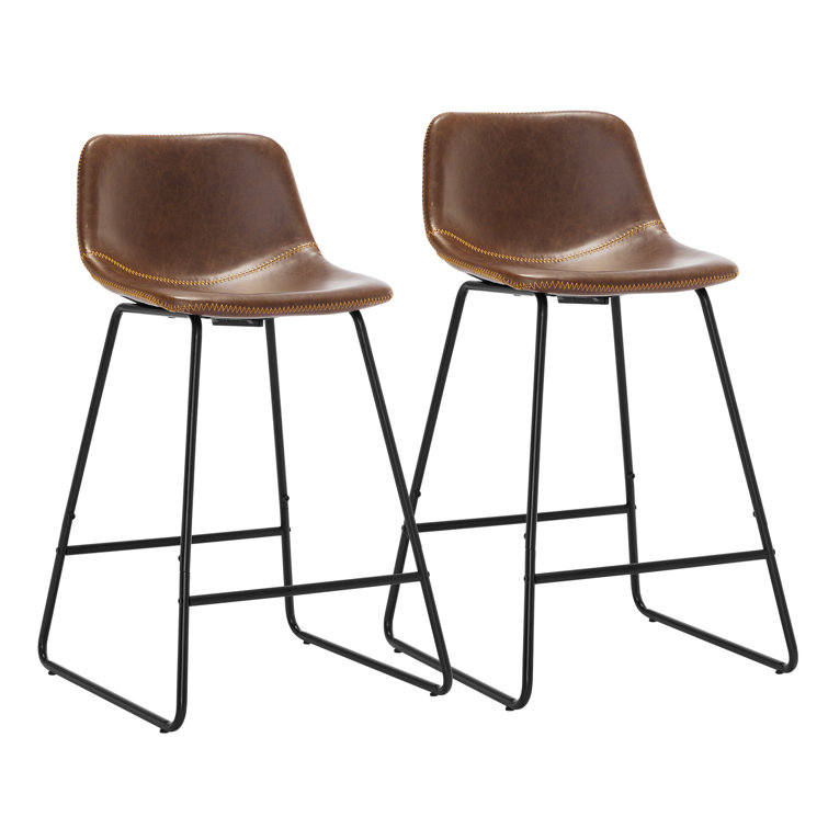 Whiskey Brown Faux Leather Counter Stools with Iron Frame, Set of 2