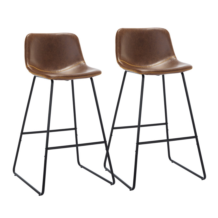 Whiskey Brown Faux Leather Counter Stools with Iron Frame, Set of 2