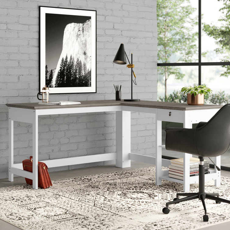 Finley White and Gray Oak L-Shaped Writing Desk with Drawer