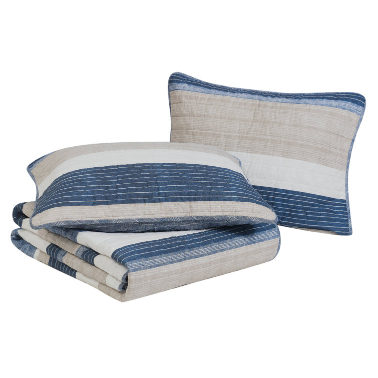King Blue Cotton Reversible Quilt Set