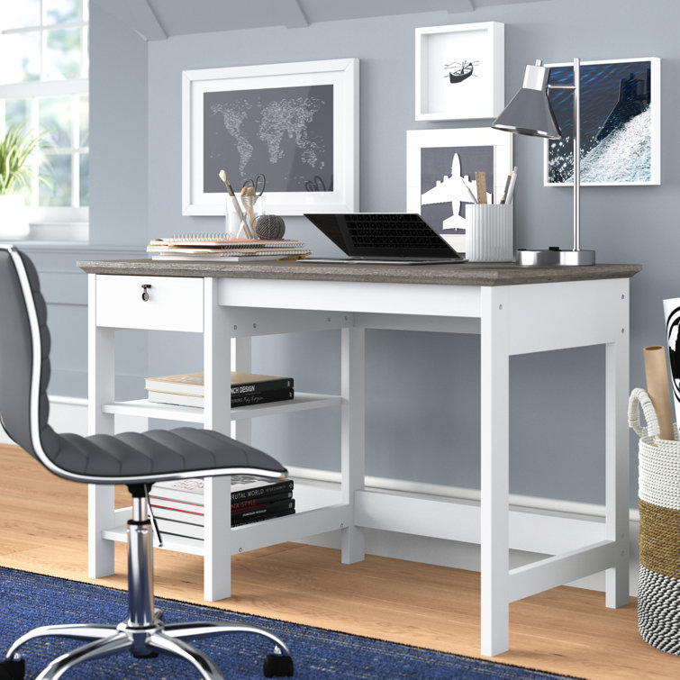 Crisp White and Oak Wood Grain Transitional Writing Desk with Drawer