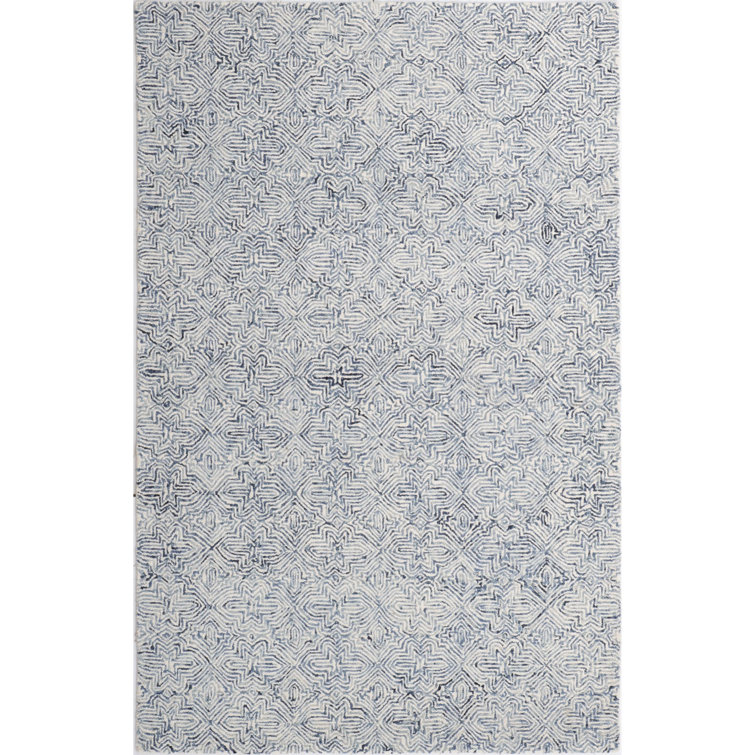 Handmade Blue and White Wool Rectangular Area Rug