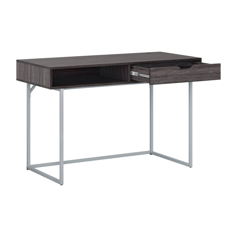 Gray Wood Writing Desk with Drawer and Silver Legs