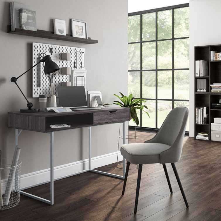 Gray Wood Writing Desk with Drawer and Silver Legs