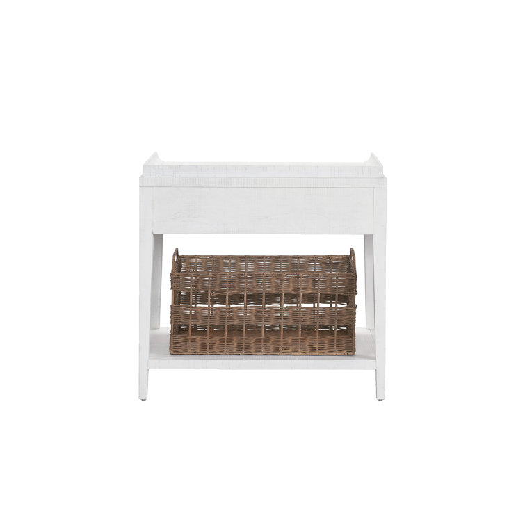White Transitional Nightstand with Wicker Basket and Drawer