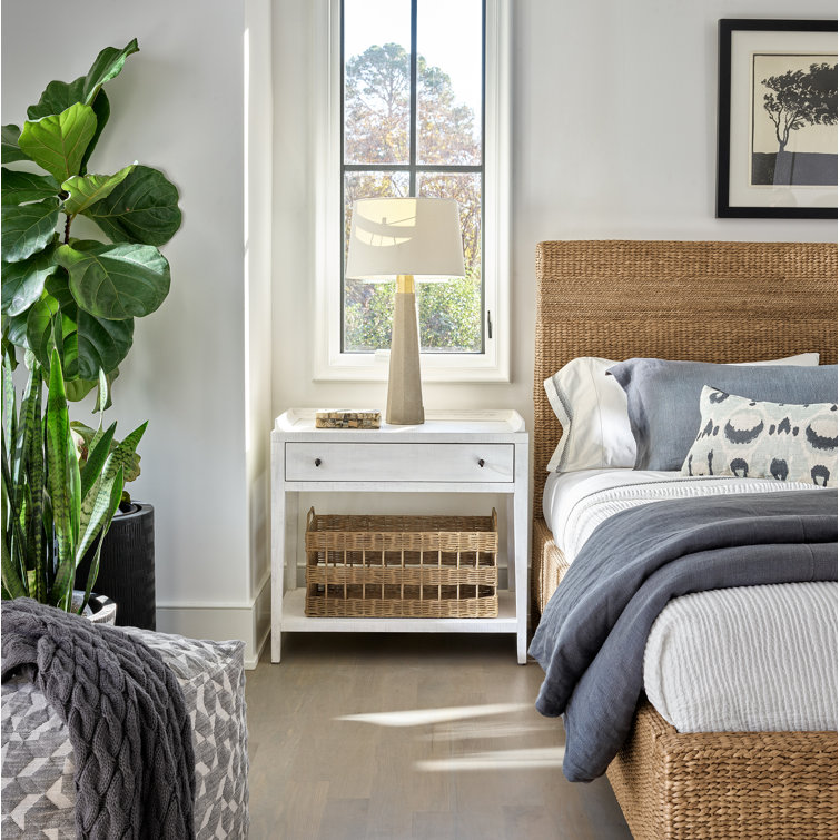 White Transitional Nightstand with Wicker Basket and Drawer
