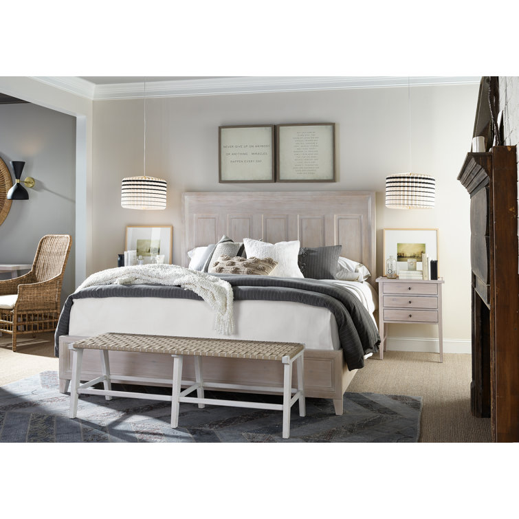 Transitional Buttermilk Oak Queen Panel Bed with Slats and Headboard