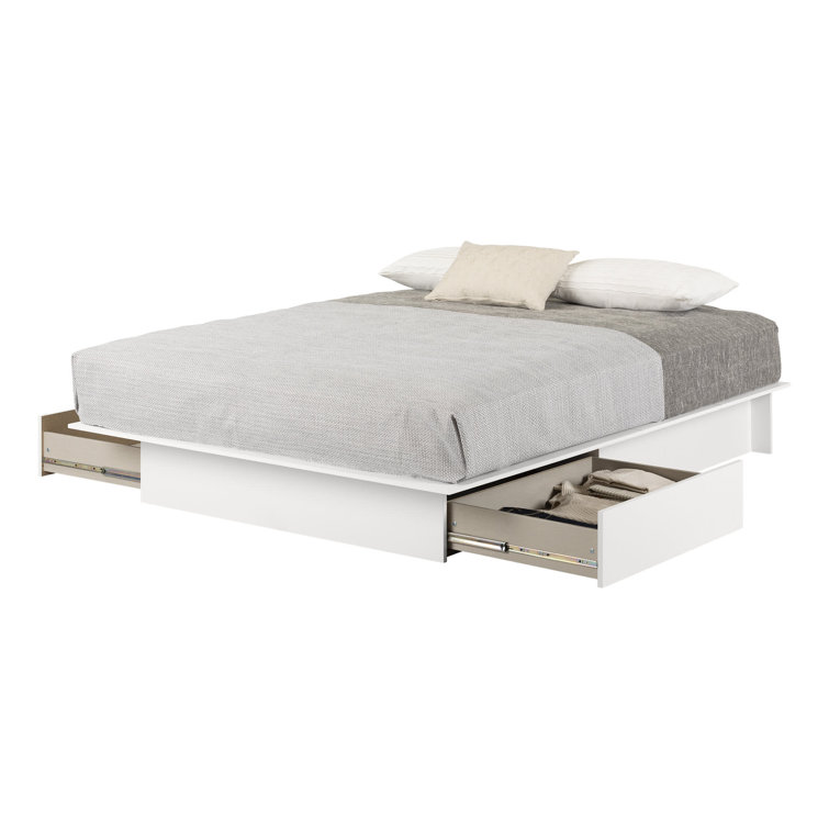 Sleek Pure White Full/Double Platform Bed with 2 Storage Drawers