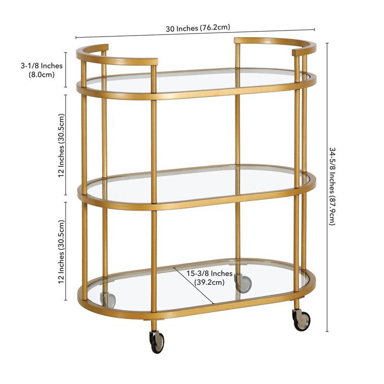 Evelyn Oval Brass Bar Cart with Tempered Glass Shelves