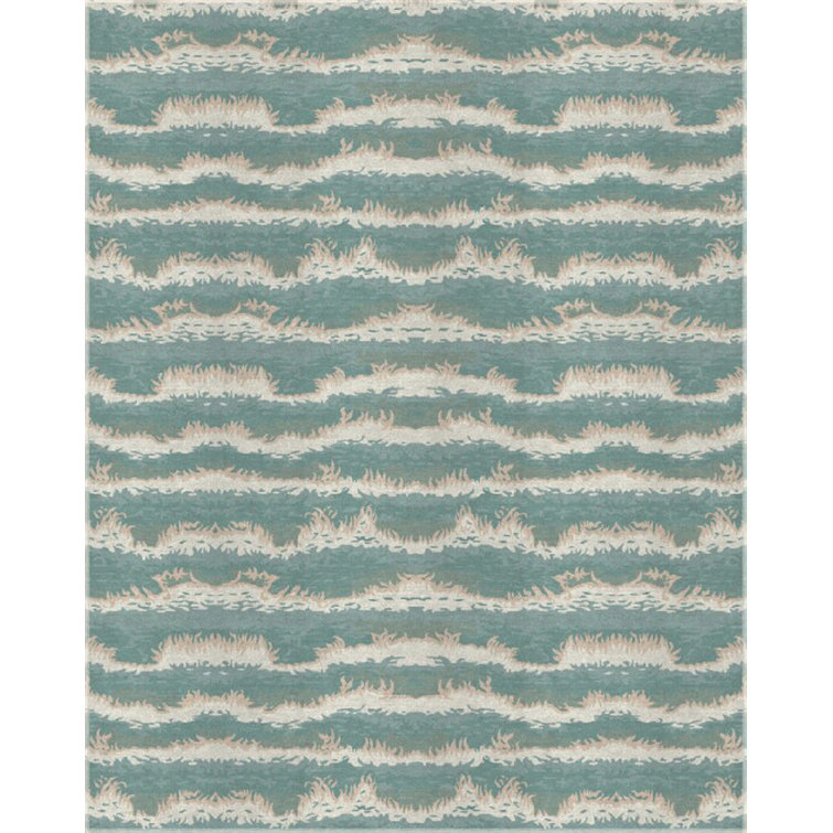 Hand-Knotted Blue and Silver Wool Silk Abstract Rug