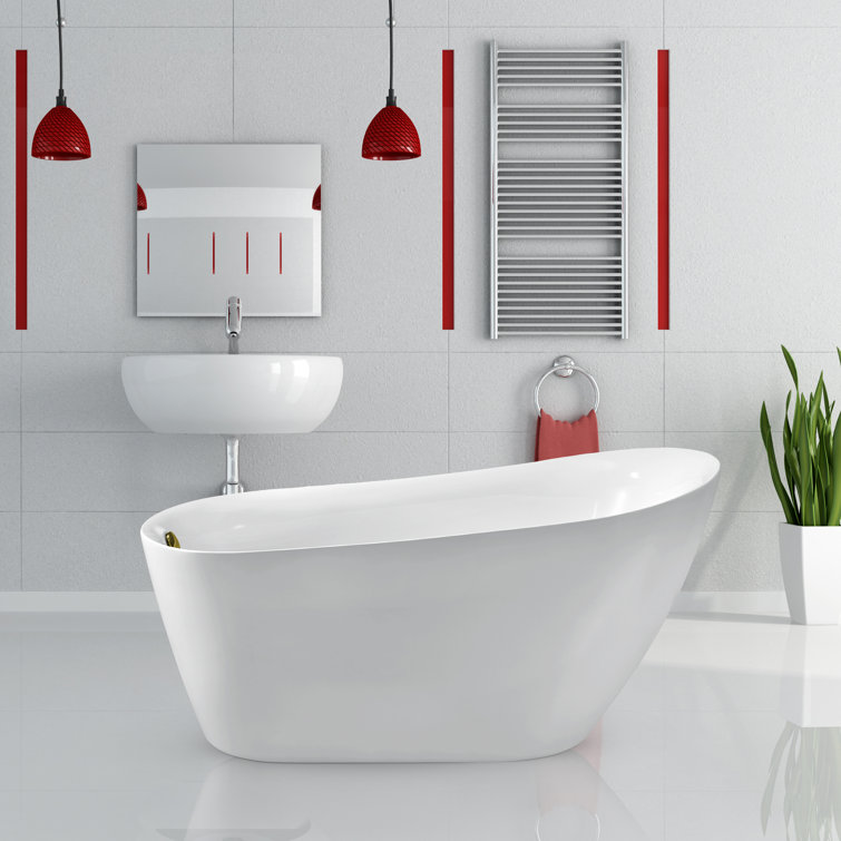 58" Glossy White Freestanding Acrylic Soaking Bathtub with Matte Black Drain