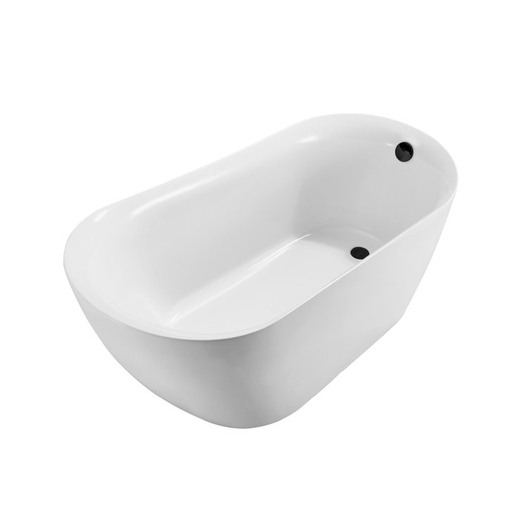 Glossy White Freestanding Acrylic Bathtub with Bamboo Tray