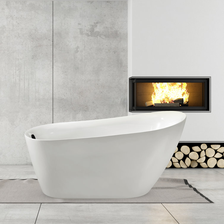 Glossy White Freestanding Acrylic Bathtub with Bamboo Tray