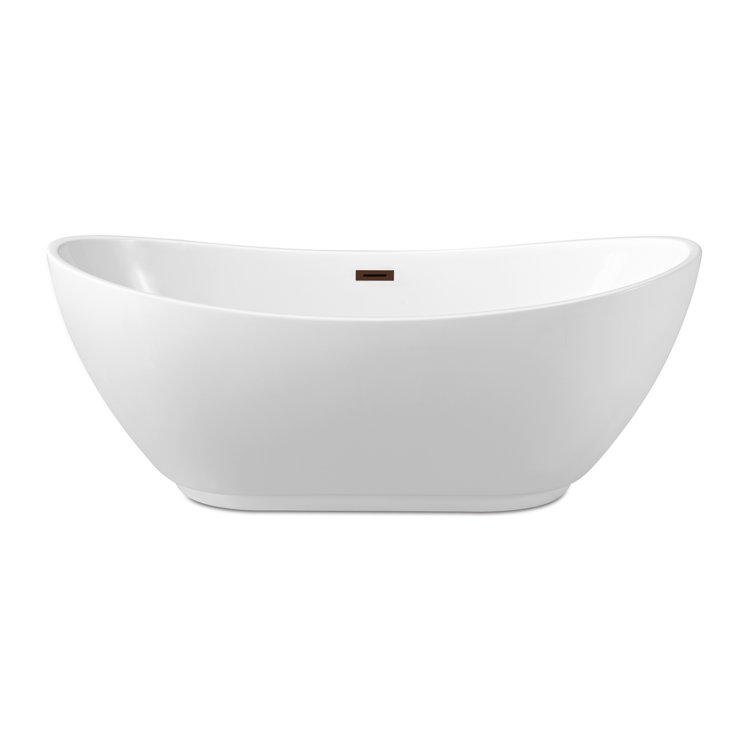 62" Glossy White Freestanding Acrylic Soaking Bathtub with Matte Oil-Rubbed Bronze Drain