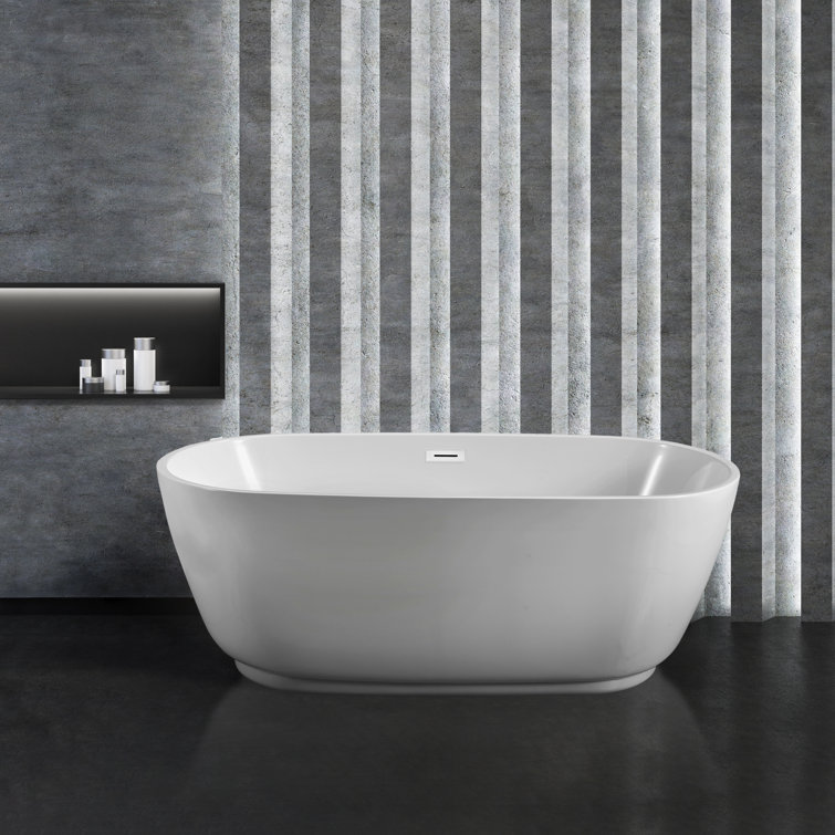 60" White Acrylic Freestanding Soaking Bathtub with Gold Drain