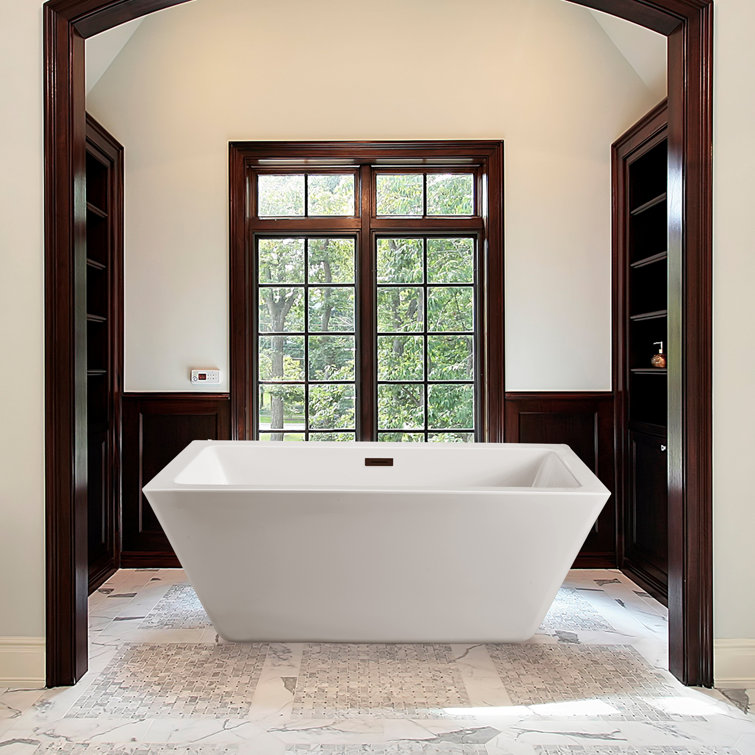 60" Streamline Freestanding Soaking Acrylic Bathtub With Drain and Bamboo Tray