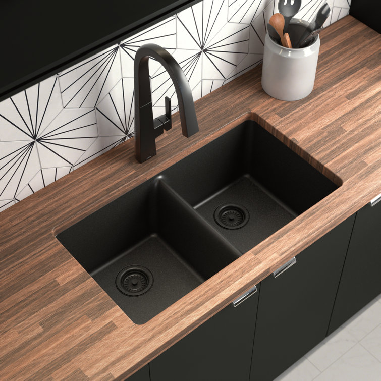33-Inch Black Granite Double Bowl Drop-In Kitchen Sink