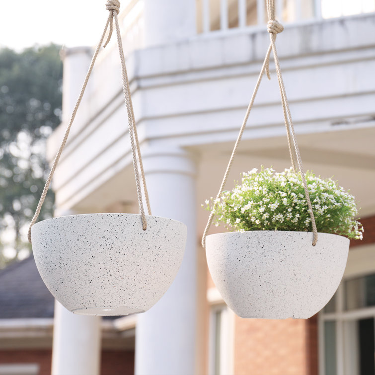 Speckled White 10'' Hanging Planters with Rope Hanger, Set of 2