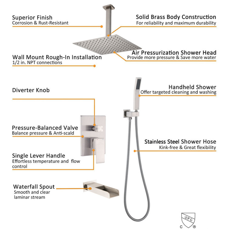 Brushed Nickel Wall Mounted Rain Shower System with Handheld