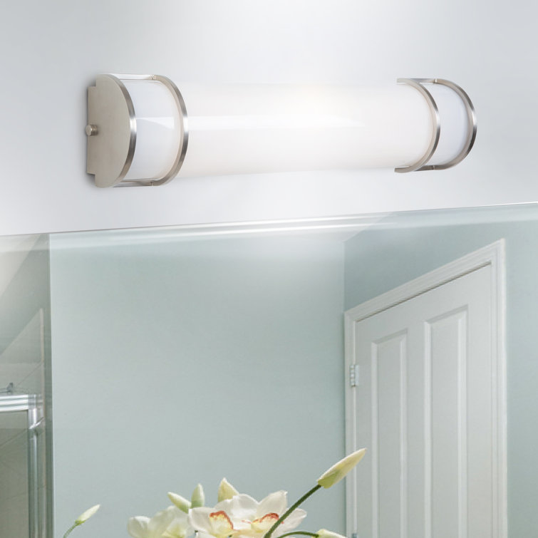 Sleek Satin Nickel 2-Light Fluorescent Vanity with White Glass Shade