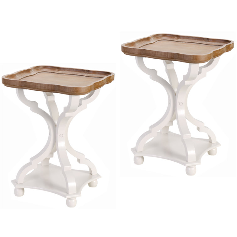 Set of 2 White and Natural Wood Tray Top End Tables