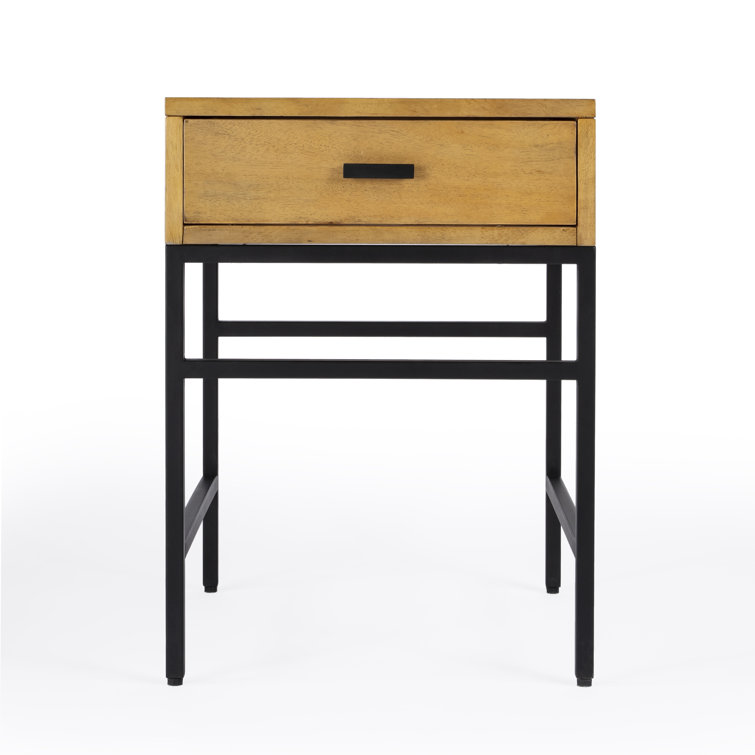Natural Wood and Black Iron End Table with Drawer