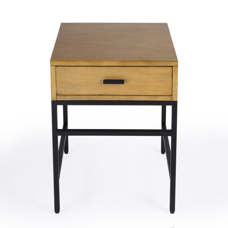 Natural Wood and Black Iron End Table with Drawer