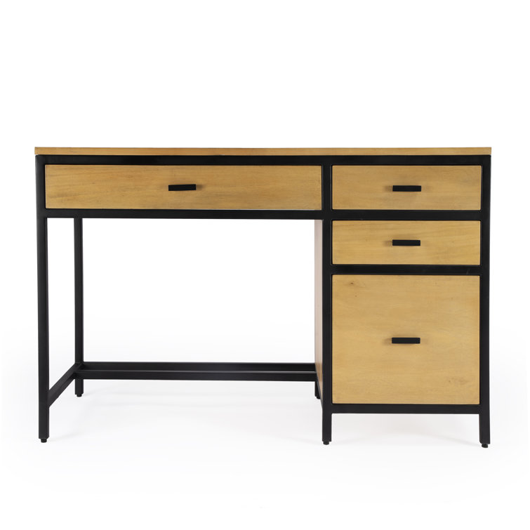 Hans 48" Natural Wood and Black Storage Desk with Filing Cabinet