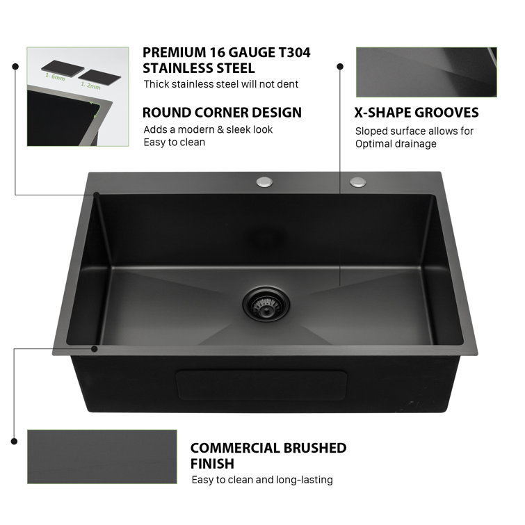28" Gunmetal Black Stainless Steel Single Bowl Drop-In Kitchen Sink