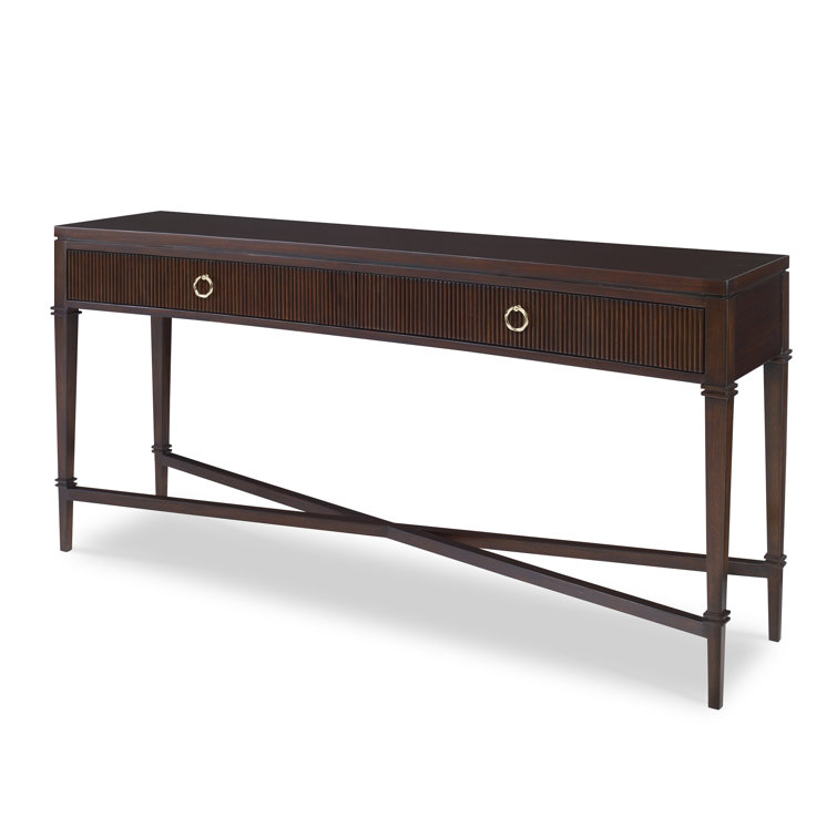 Walnut and Brass Reeded 60'' Console Table with Storage