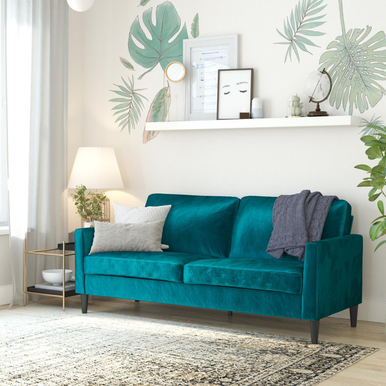 Green Velvet Pillow-Top Arm Sofa with Wood Frame